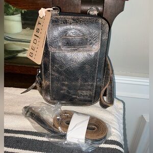 NWT Bed Stu Leather Alelike Crossbody Wristlet Phone Wallet Black Lux MSRP $185